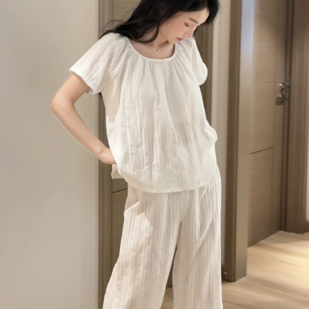 纯棉纱布睡衣女款2025新款夏季薄款短袖法式纯色棉麻泡泡纱家居服