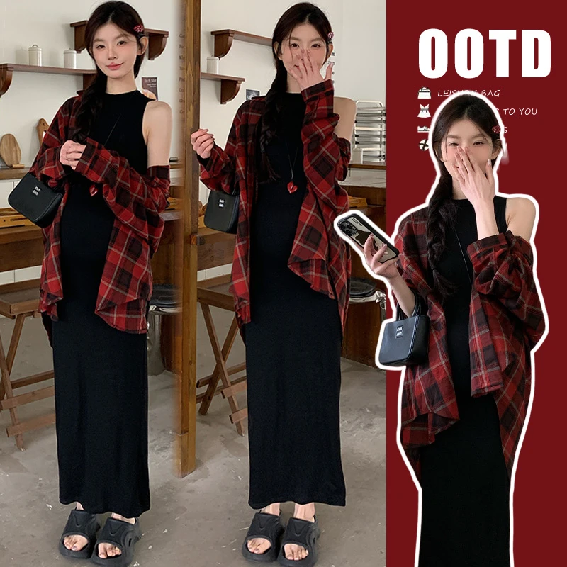 2025早春新品韩版时尚宽松格子衬衫挂脖弹力针织连衣裙子女潮外穿