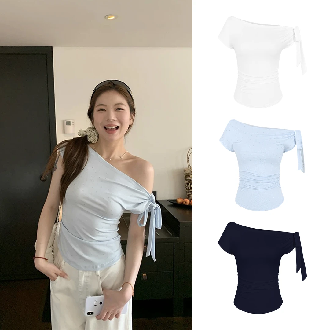 一衣多穿！斜肩绑带蝴蝶结修身短袖t 8656#