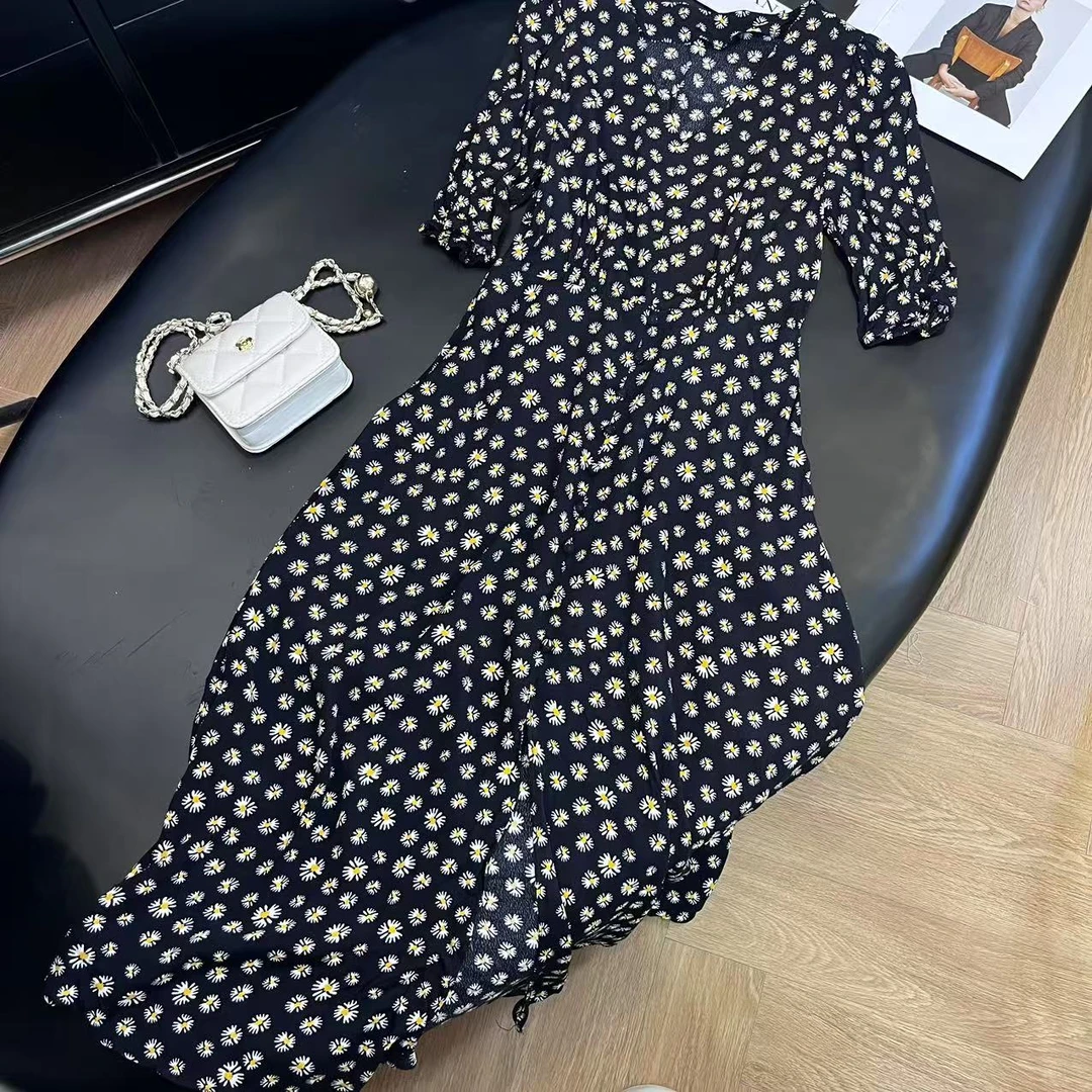 法式气质优雅夏季女士碎花小雏菊长款连衣裙H6658