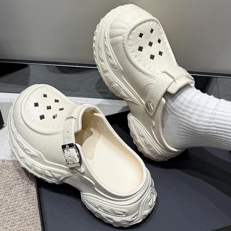 皮纹感厚底增高洞洞鞋女夏外穿高级感时尚爆款小个子包头拖鞋女士