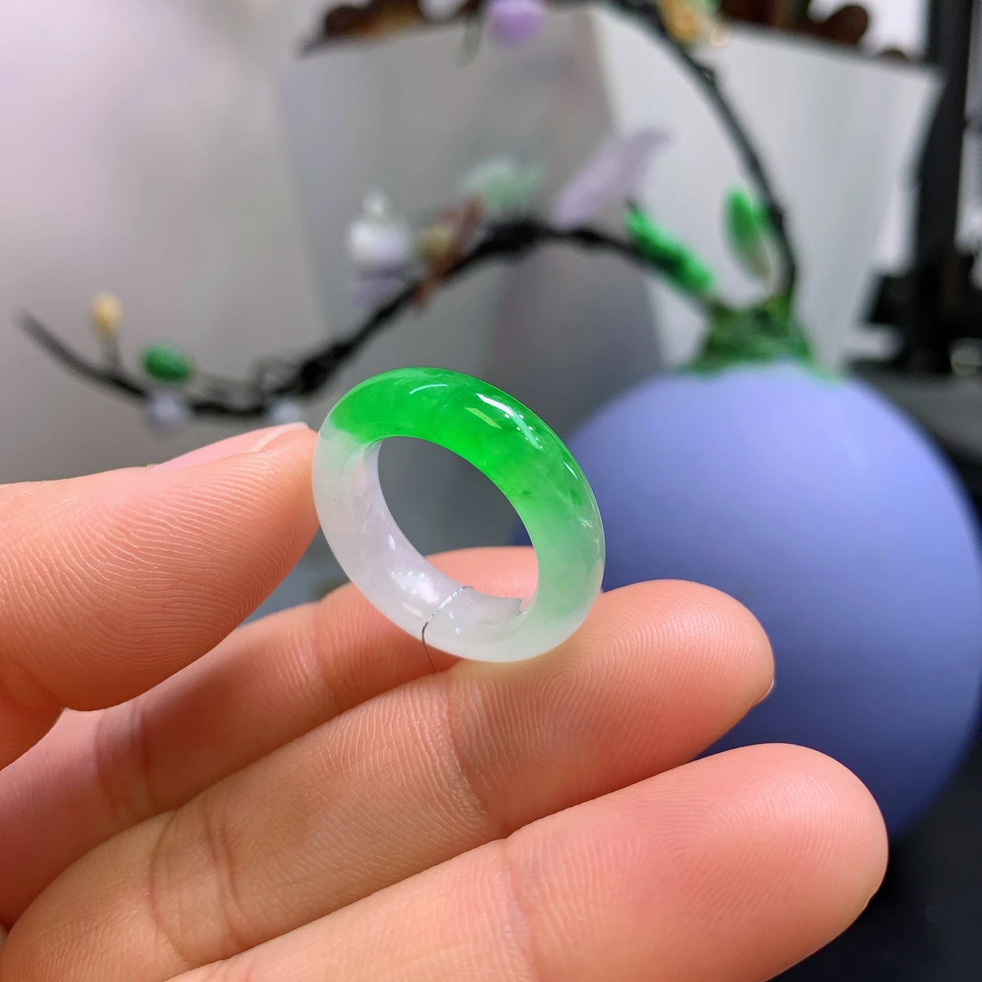 11-12圈口缅甸天然翡翠A货白底冰正阳绿半山水戒指AE926#