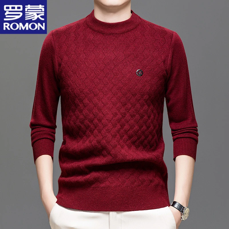 罗蒙纯色加厚毛衣圆领提花纹理长袖秋冬季男士时尚保暖内搭针织衫