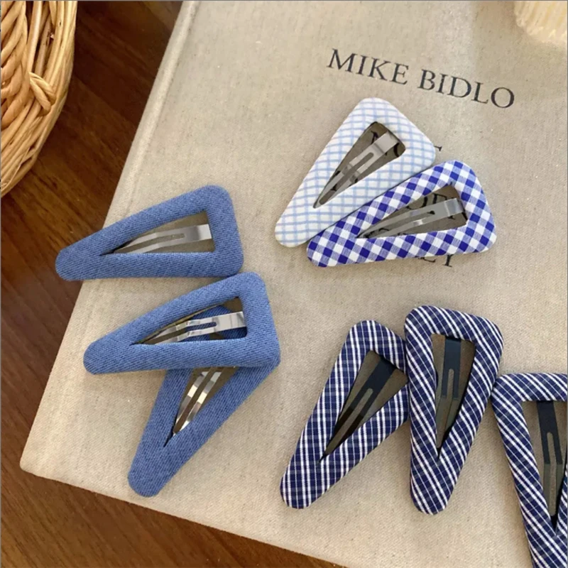 韩国新款蓝色格纹牛仔布艺三角发夹 甜美时尚刘海夹侧边夹发饰女