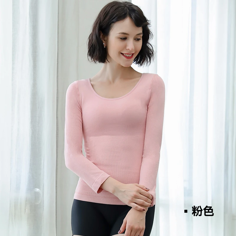 婷美加绒保暖浪漫美体大圆领秋冬修身女士长袖打底上衣QE5656-TM