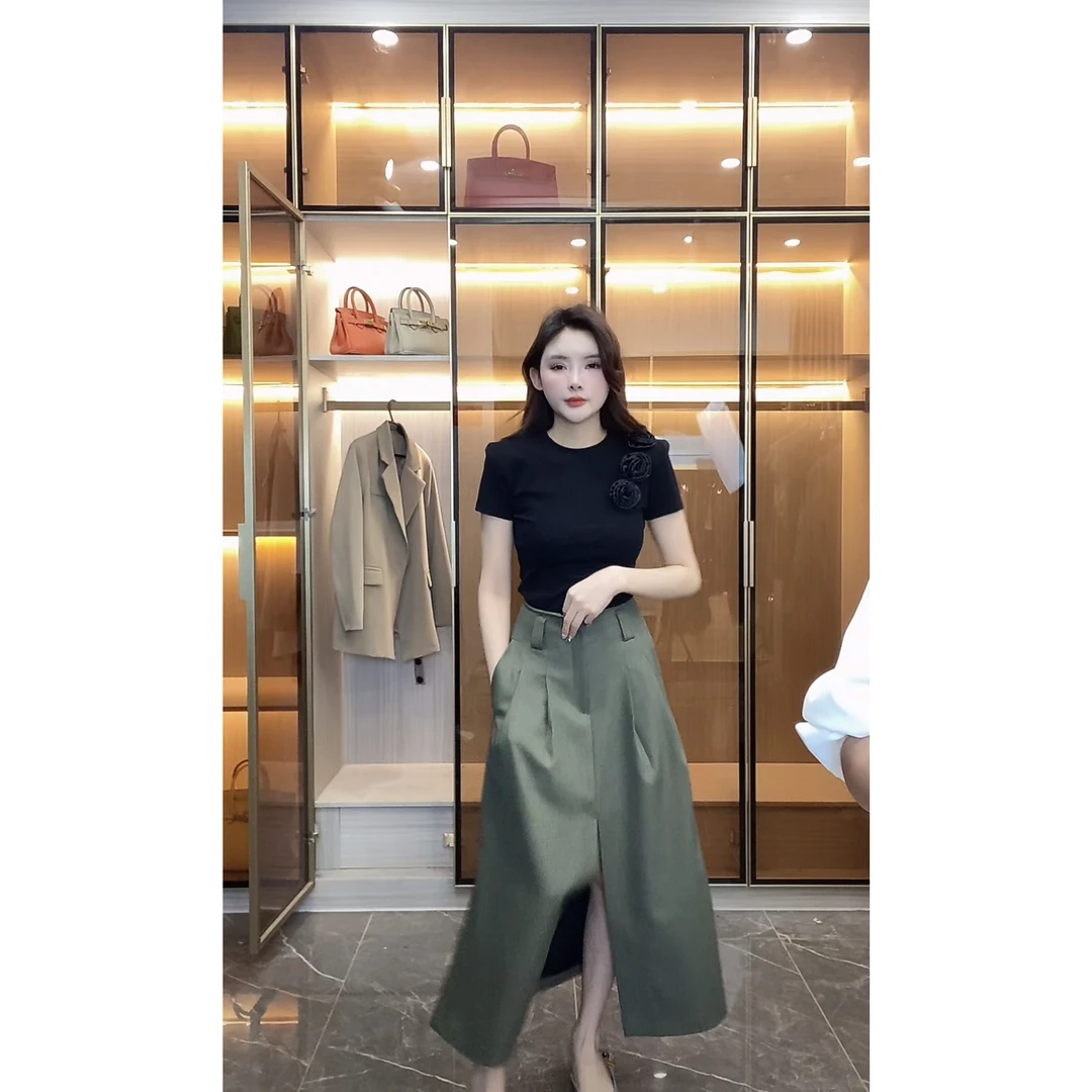 时尚套装裙两件套夏chic高级感减龄花朵t恤女短袖高腰开叉半身裙