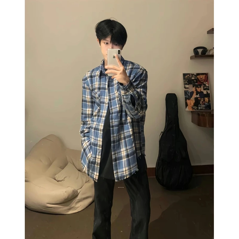 美式蓝色流苏格子衬衫男春秋格子长袖衬衣高级感cleanfit休闲外套