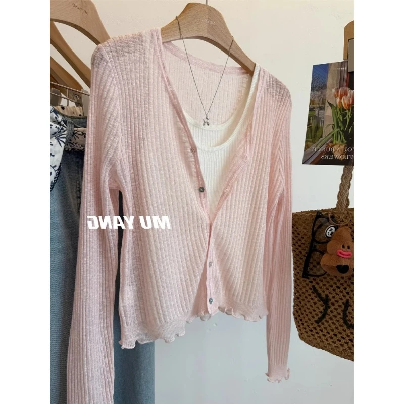 木耳边短款粉色v领针织衫女夏季薄款开衫外搭高级感配裙子防晒衫