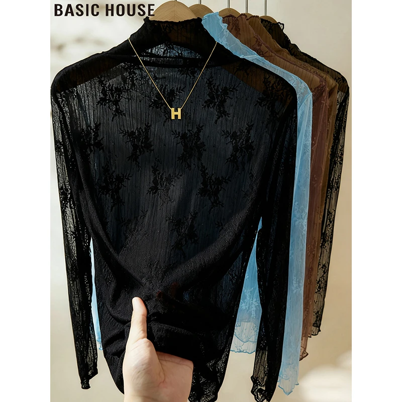 Basic House/百家好法式黑色高领蕾丝打底衫女士2025秋冬长袖T恤