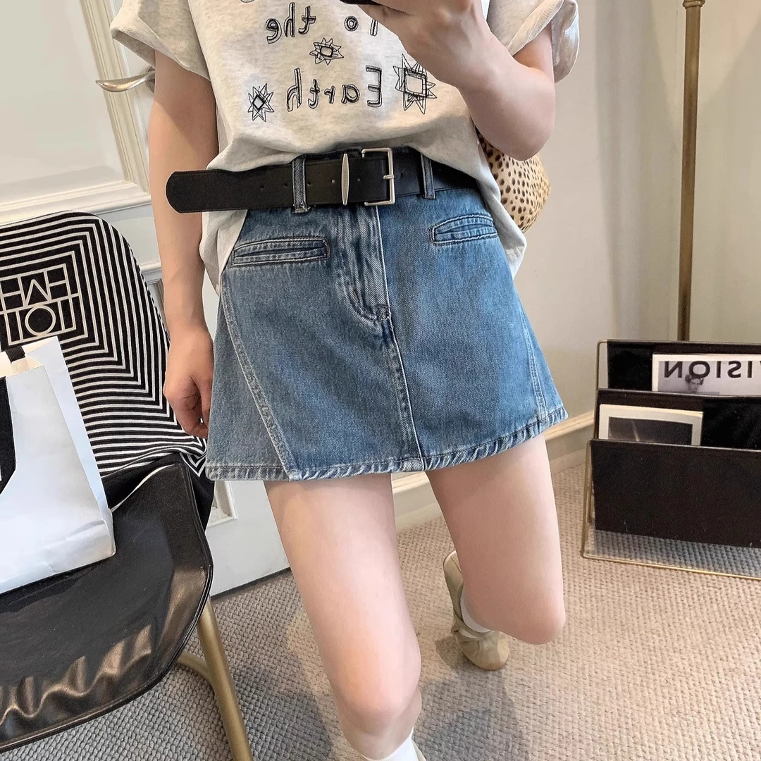 夏季新款蓝色不规则高腰A字裙裤梨型身材显瘦百搭阔腿牛仔短裤