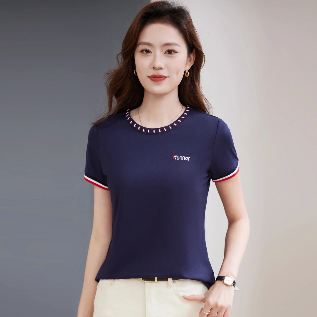 精梳棉圆领短袖t恤女2025夏季新款时尚休闲妈妈洋气撞色刺绣上衣