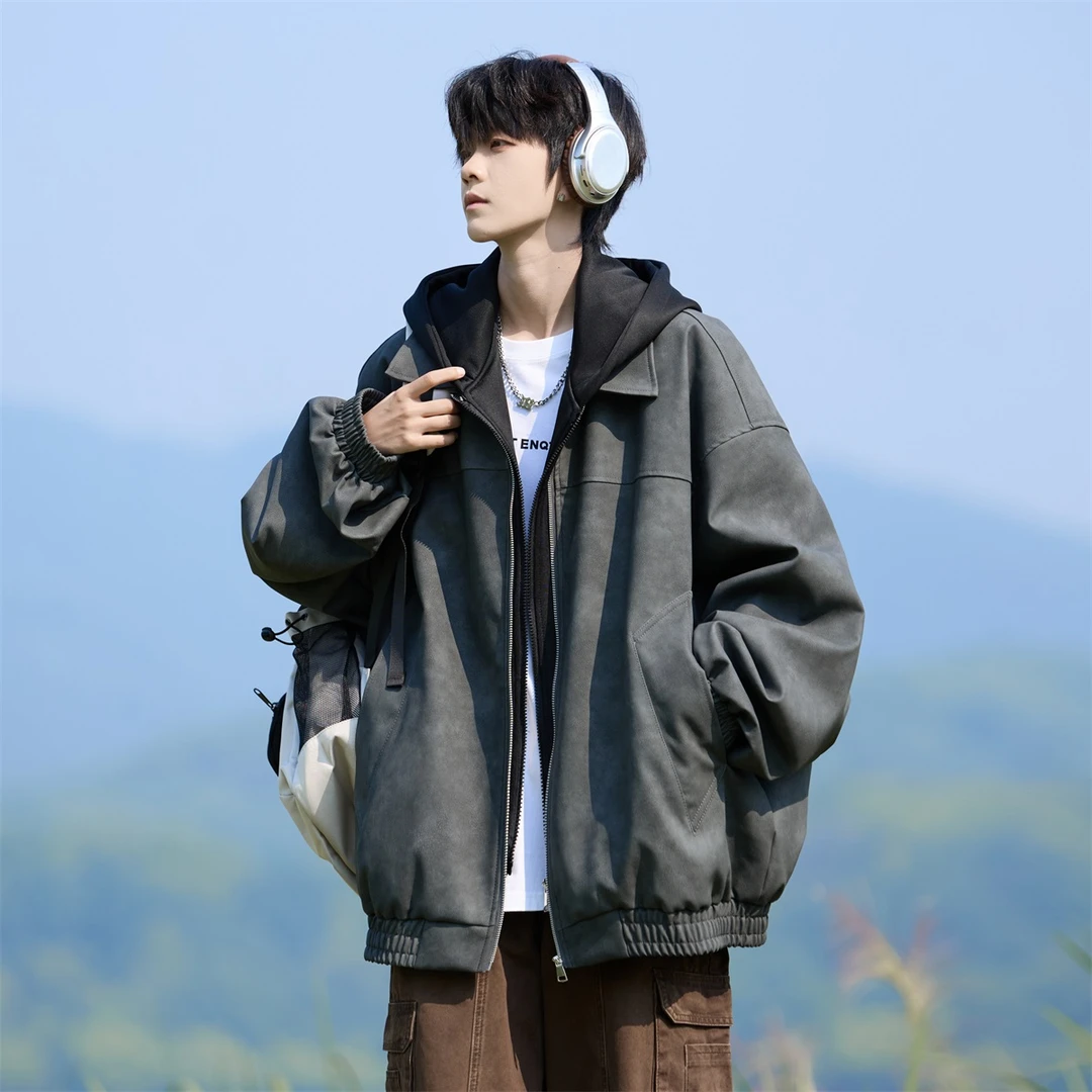青少年皮衣外套男款春早秋潮流假两件连帽夹克学生帅气休闲上衣服