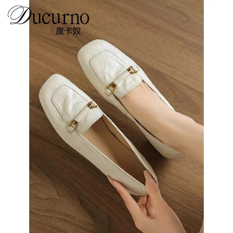 DUCURNO软面小羊皮粗跟乐福鞋女款真皮通勤一脚蹬小皮鞋方头单鞋