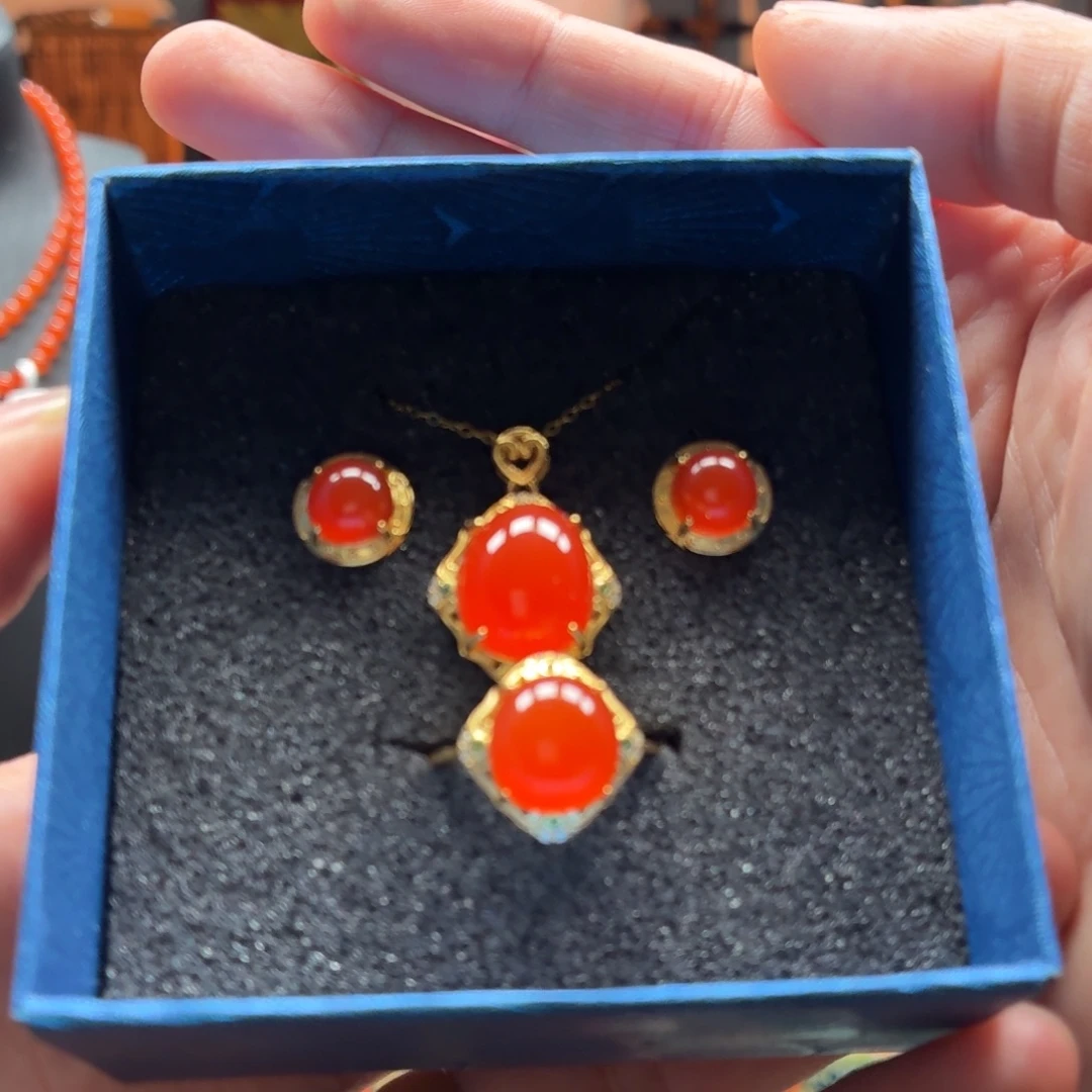 南红玛瑙银S925镶嵌套装原矿保山南红小庄冰红套装