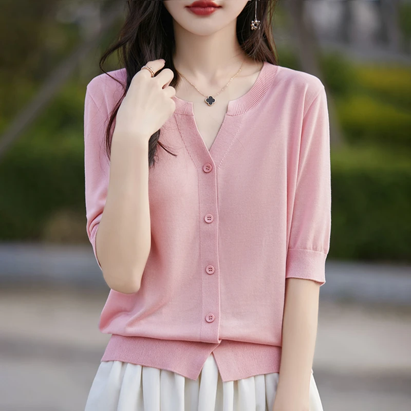 品牌2025夏季新款天丝半开V领女士薄款洋气时尚百搭针织开衫上衣