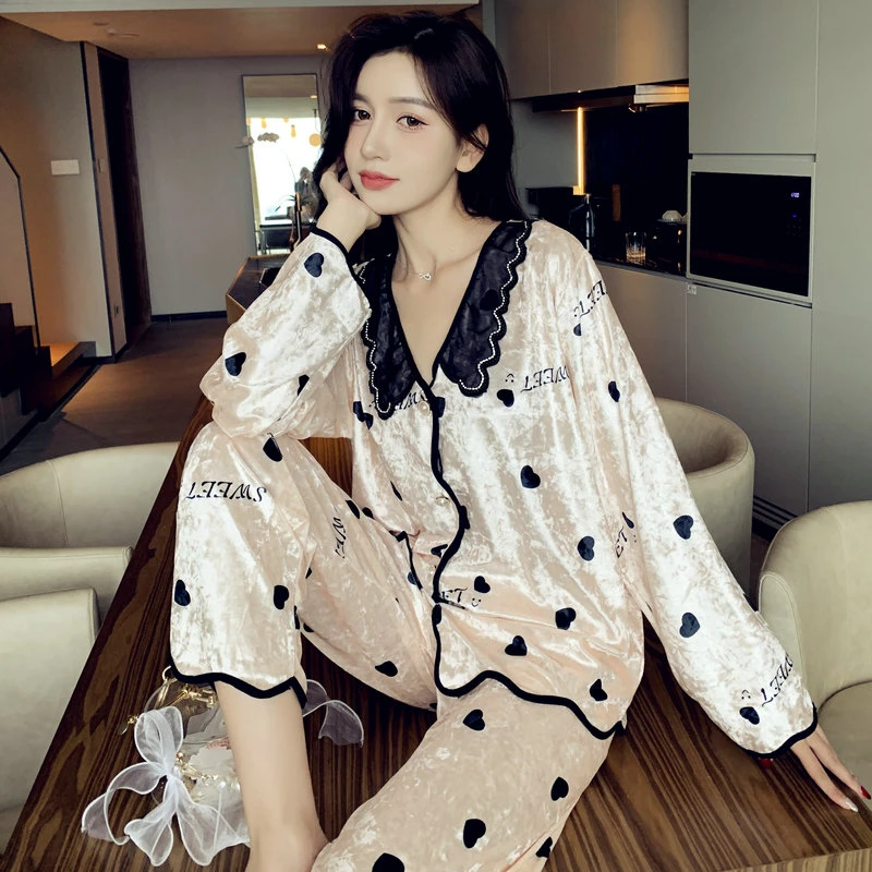 睡衣女士春秋新款大码翻领网红款桃心冬季性感家居服套装26