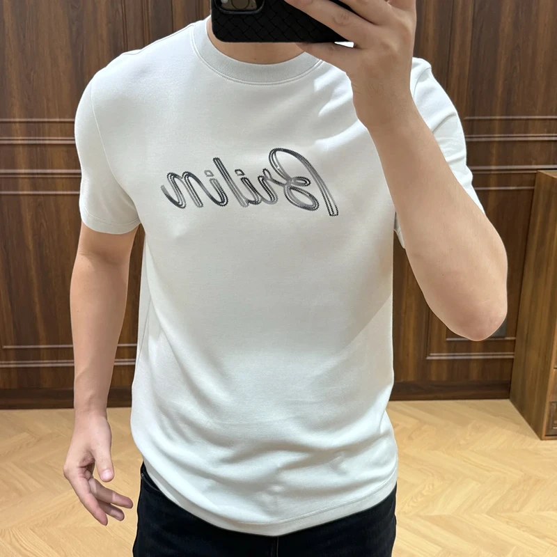 2025秋季新款男士压标圆领修身短袖T恤轻奢百搭上衣ins潮衣体恤