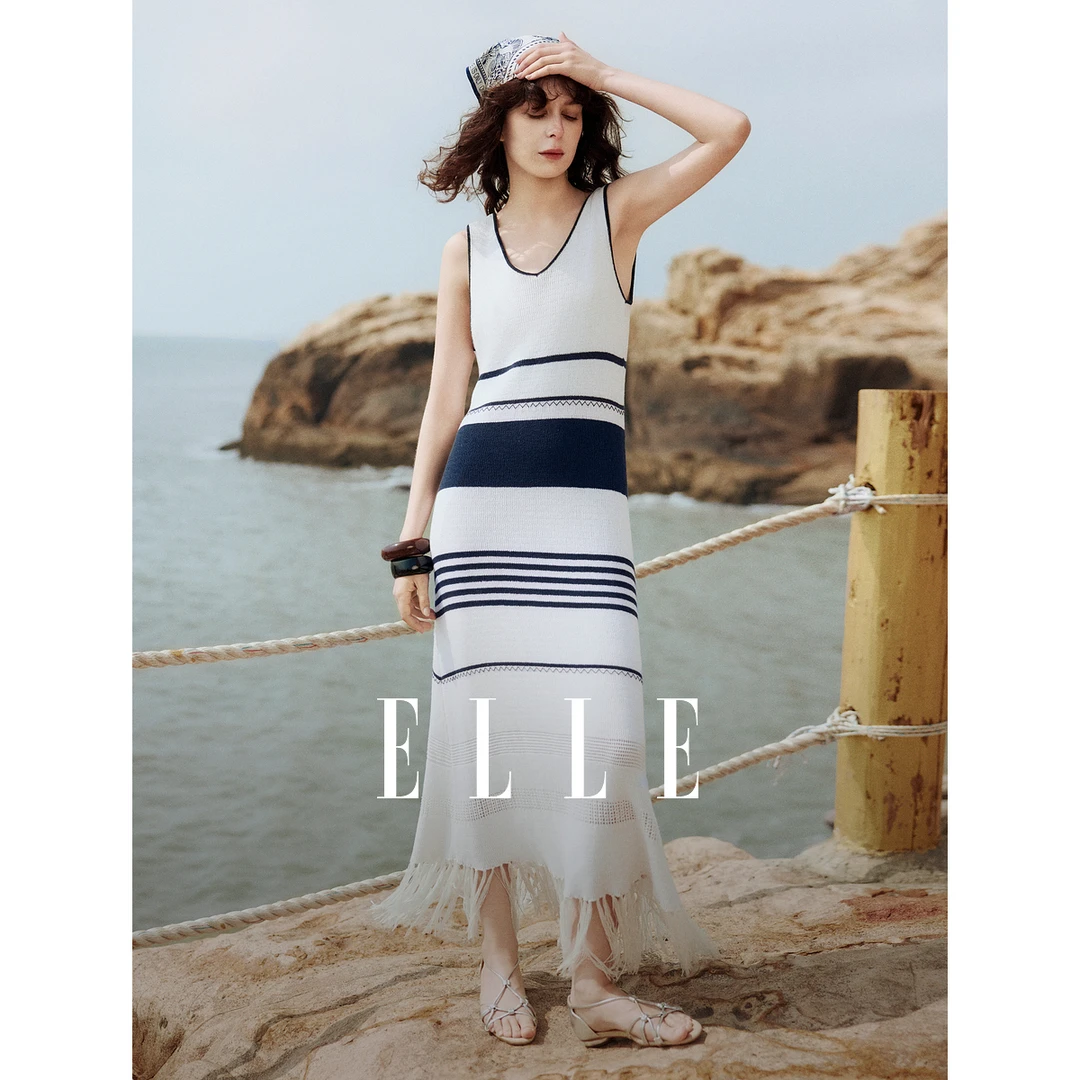 ELLE条纹摩登流苏V领吊带裙女2025夏日穿搭连衣裙气质裙子EL50715