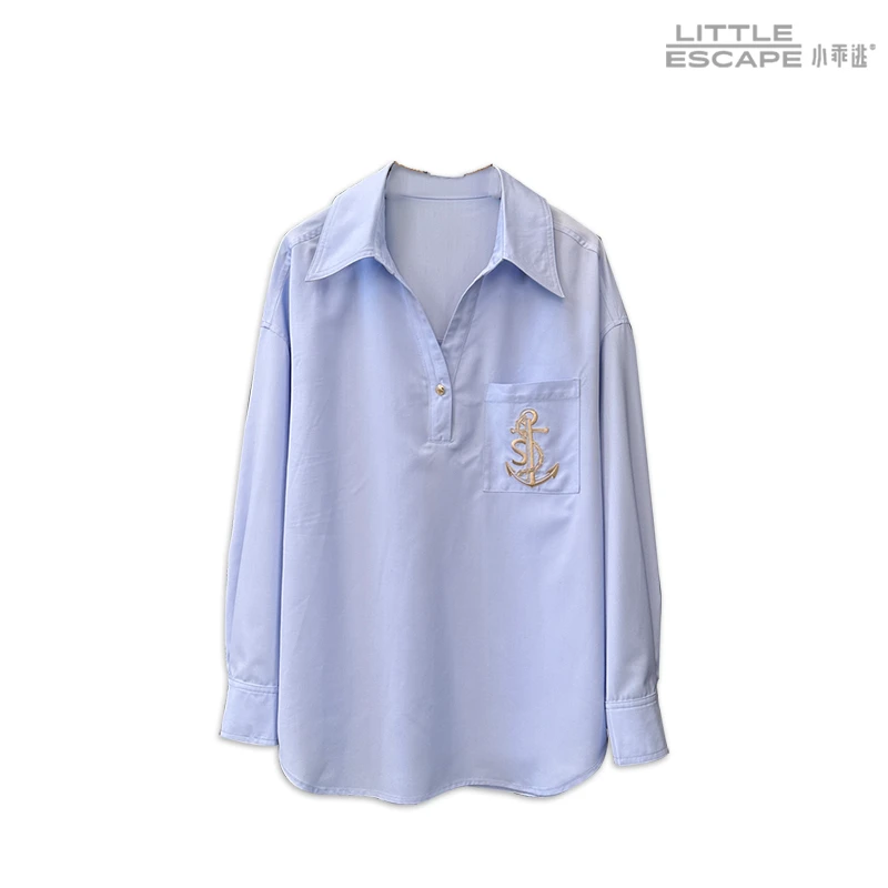 三色！白色黑色蓝色衬衫LO口袋休闲长袖钥匙秋季舒适时尚6206