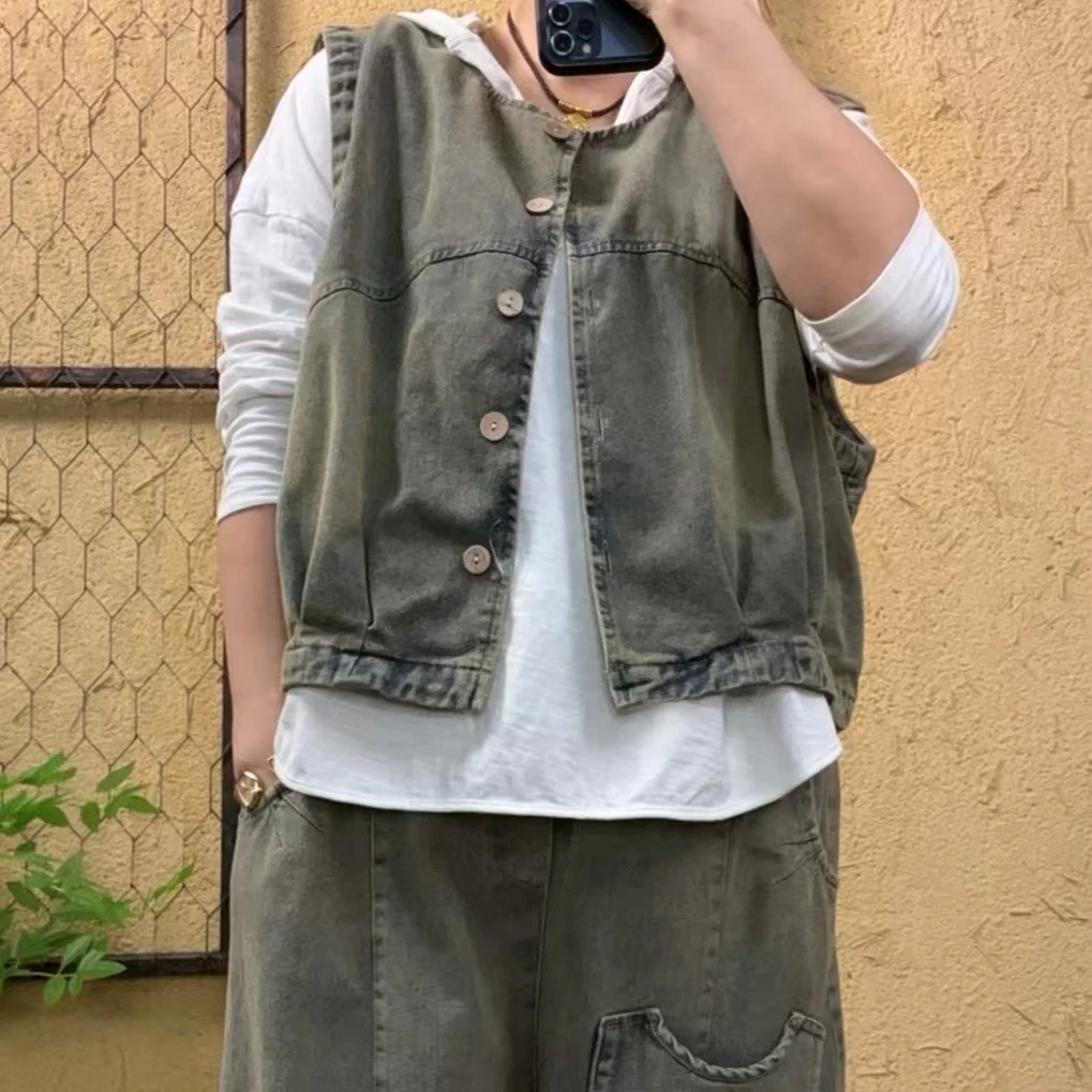 啵啵CM553500圆领扣版百搭牛仔马甲