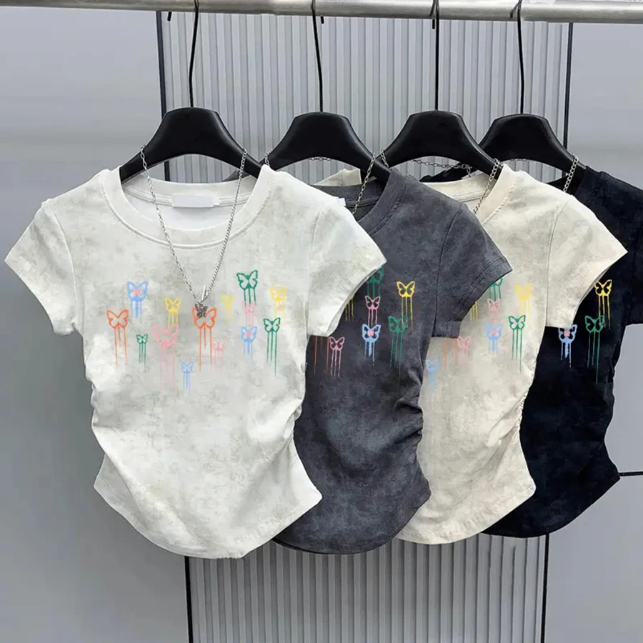 92棉扎染正肩短袖t恤女夏小众短款百搭显瘦褶皱收腰圆领上衣女