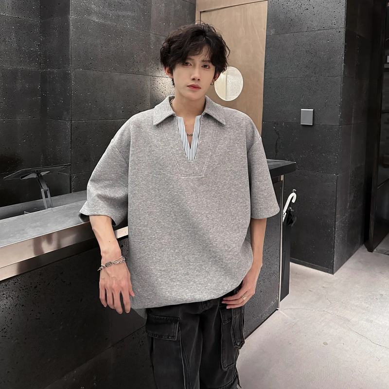 美式灰色假两件polo衫短袖男夏季设计感重磅翻领T恤情侣五分半袖