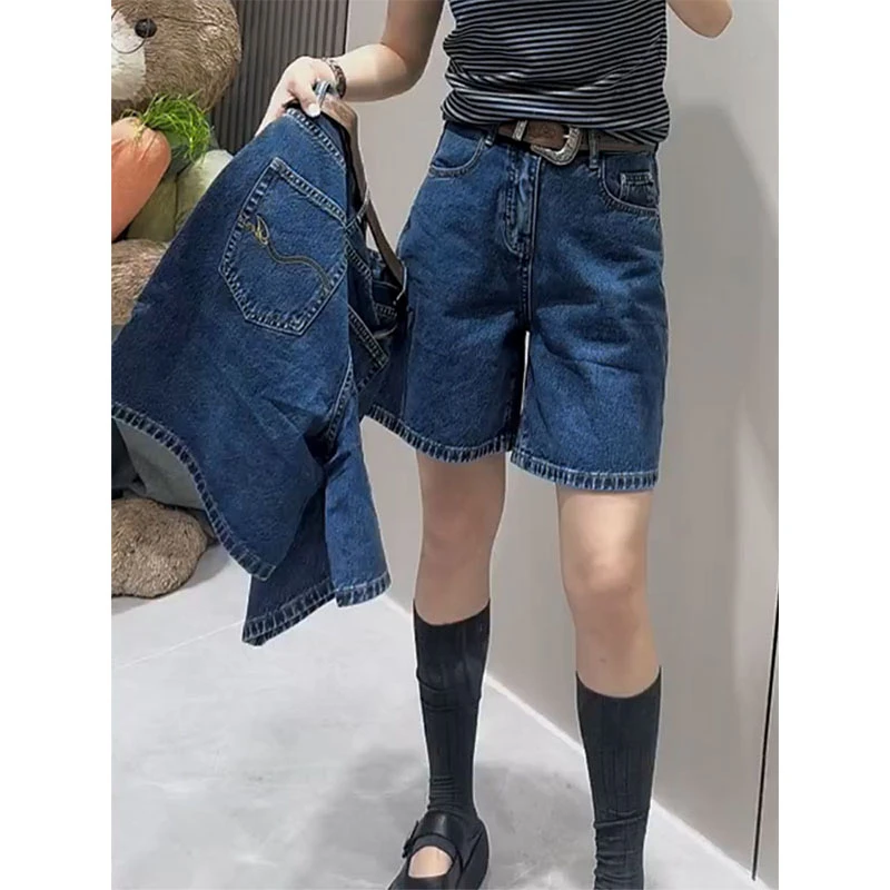 2025夏季新款蓝色直筒宽松五分裤时尚高腰薄款小个子显瘦牛仔短裤