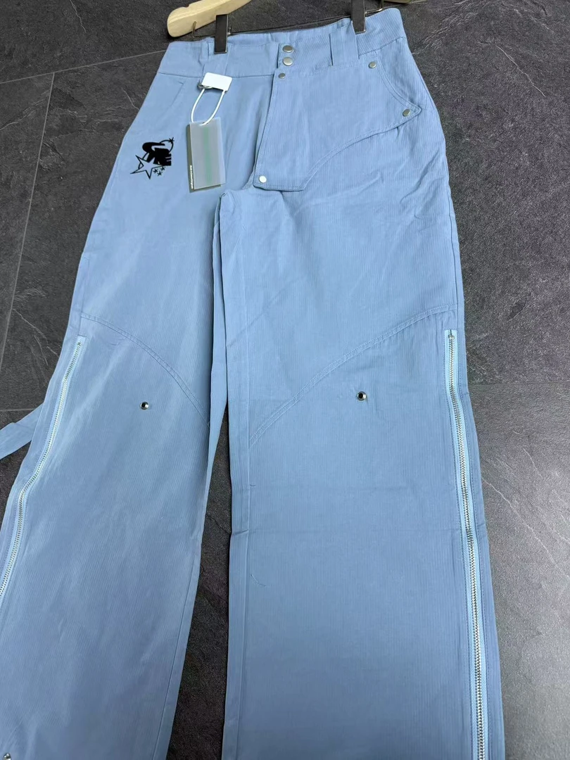 B14-3蓝色“裤腿拉链”字母星直筒裤（3310）