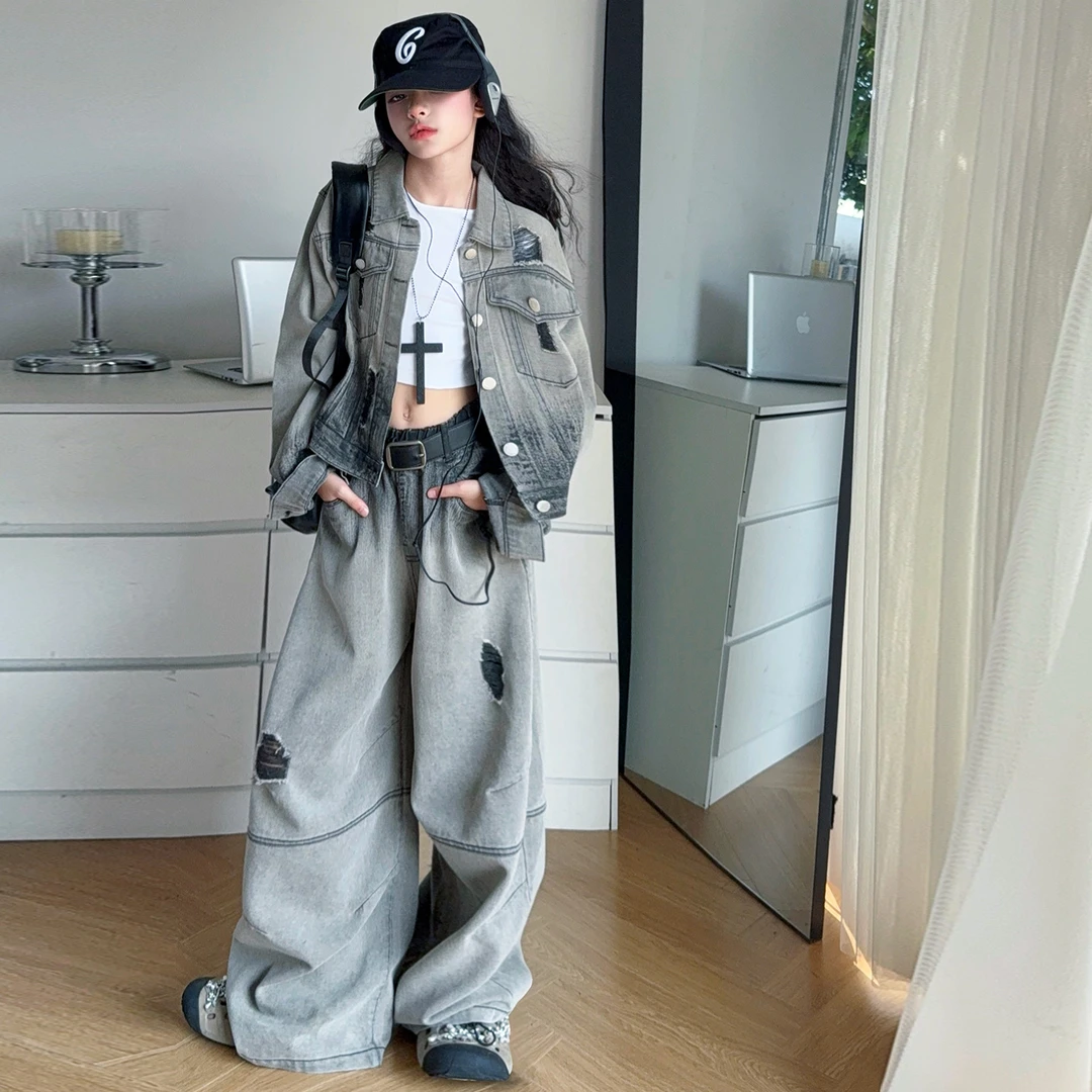 【嘻嘻柚】女童复古港风牛仔套装2025秋款渐变牛仔外套阔腿裤两件套