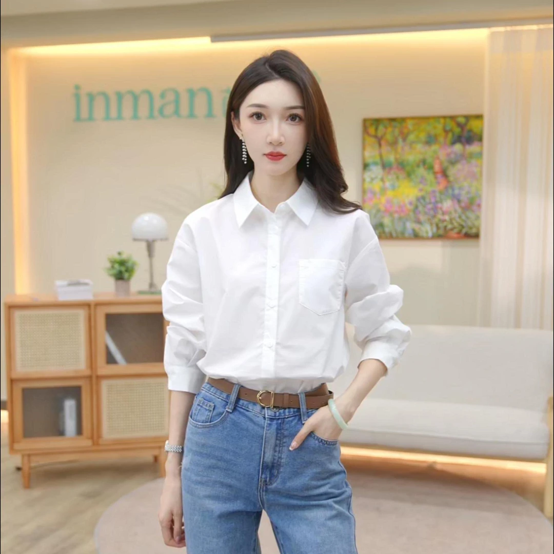 茵曼25秋季新款百搭显瘦小众田园气质法式白色长袖衬衫18412836H1