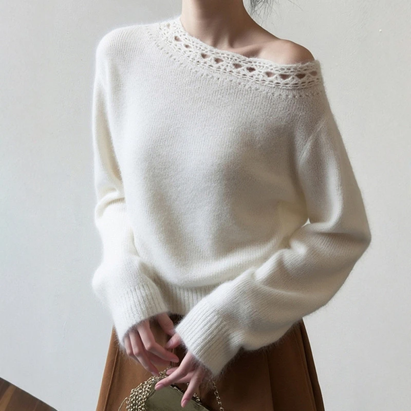 打底上衣法式羊驼毛手工钩花斜肩针织罩衫毛衣女秋季高级感慵懒风