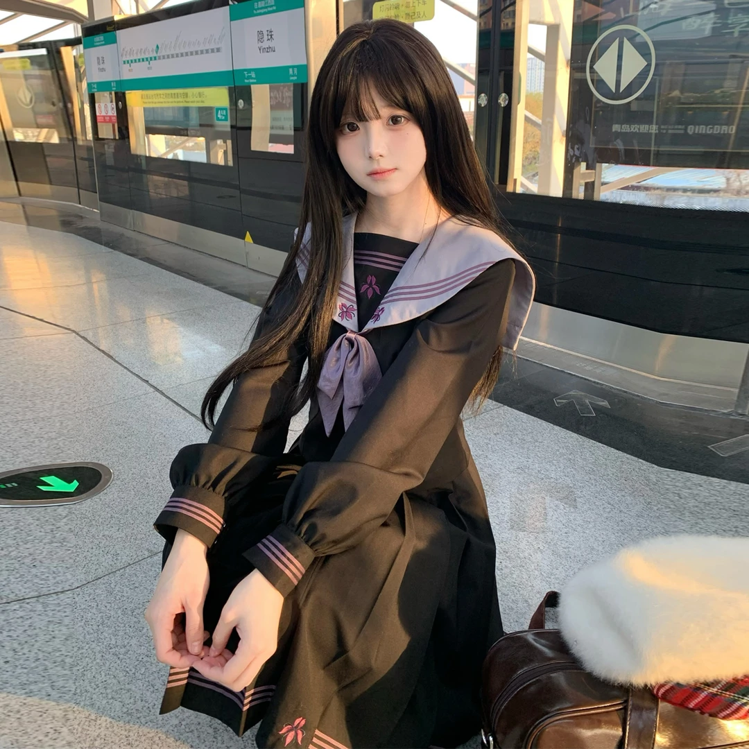 小狐町【紫堇中】原创jk制服校供感大码水手服显瘦修身款长短裙套装