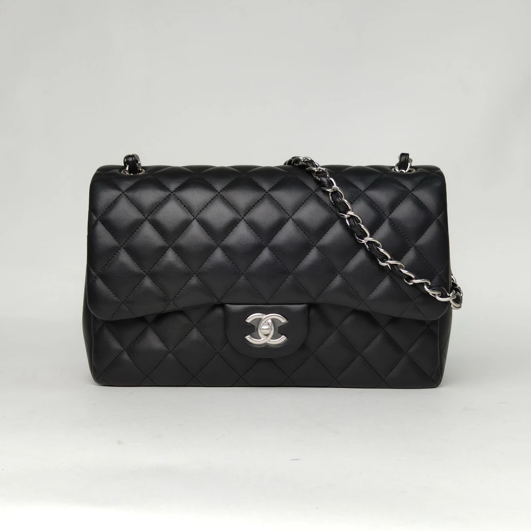 95新 Chanel/香奈儿 珊珊专属CF 口盖包 JUMBO黑色 皮革18开 银扣