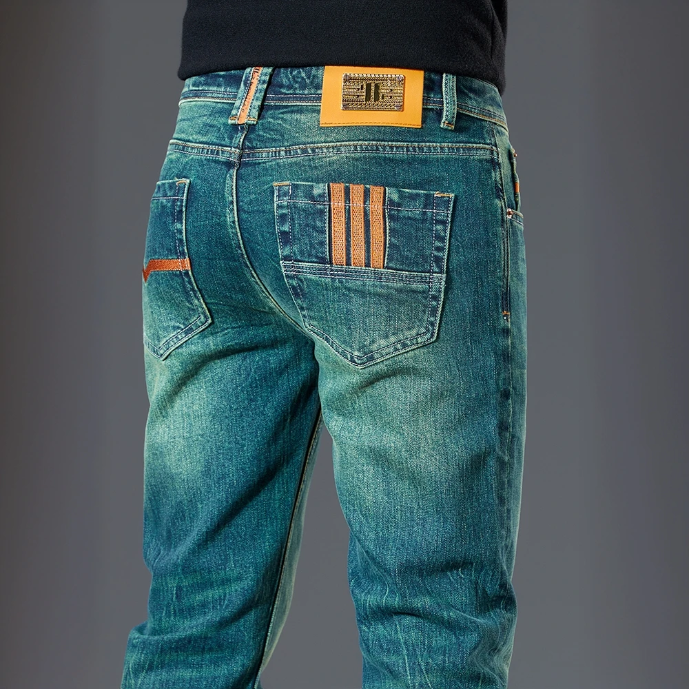 希敦纽勒翡翠绿牛仔裤男士修身小脚春秋季时尚百搭弹力潮流长裤子