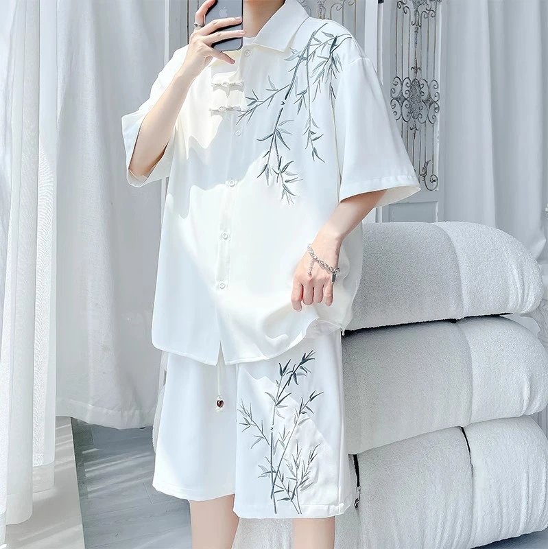 新中式大码300斤男装冰丝衬衫套装夏2025新款轻国风刺绣一套搭配