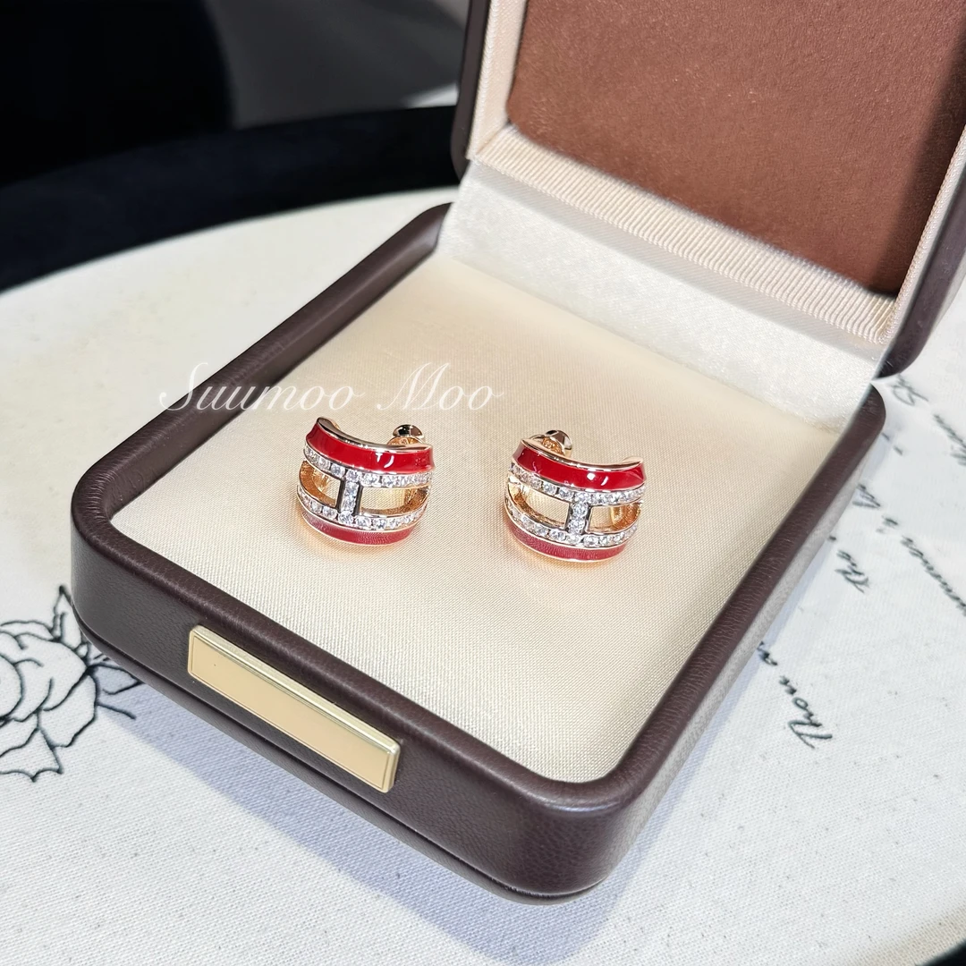 铜合金合成锆石耳饰 港风气质时尚复古镶钻红色耳环