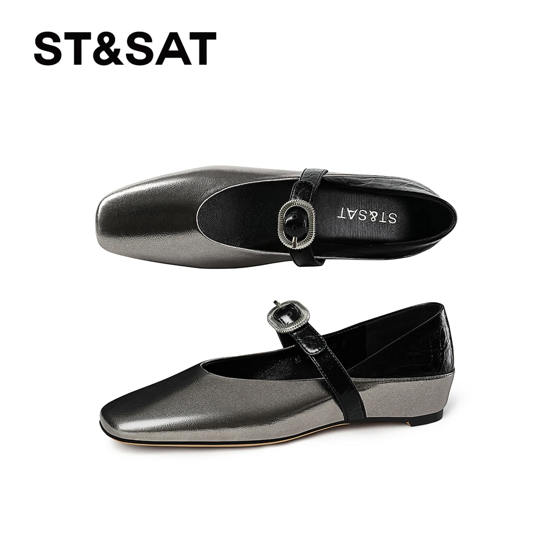 St&Sat/星期六百搭时尚复古浅口单鞋方头真皮低跟一字带玛丽珍鞋