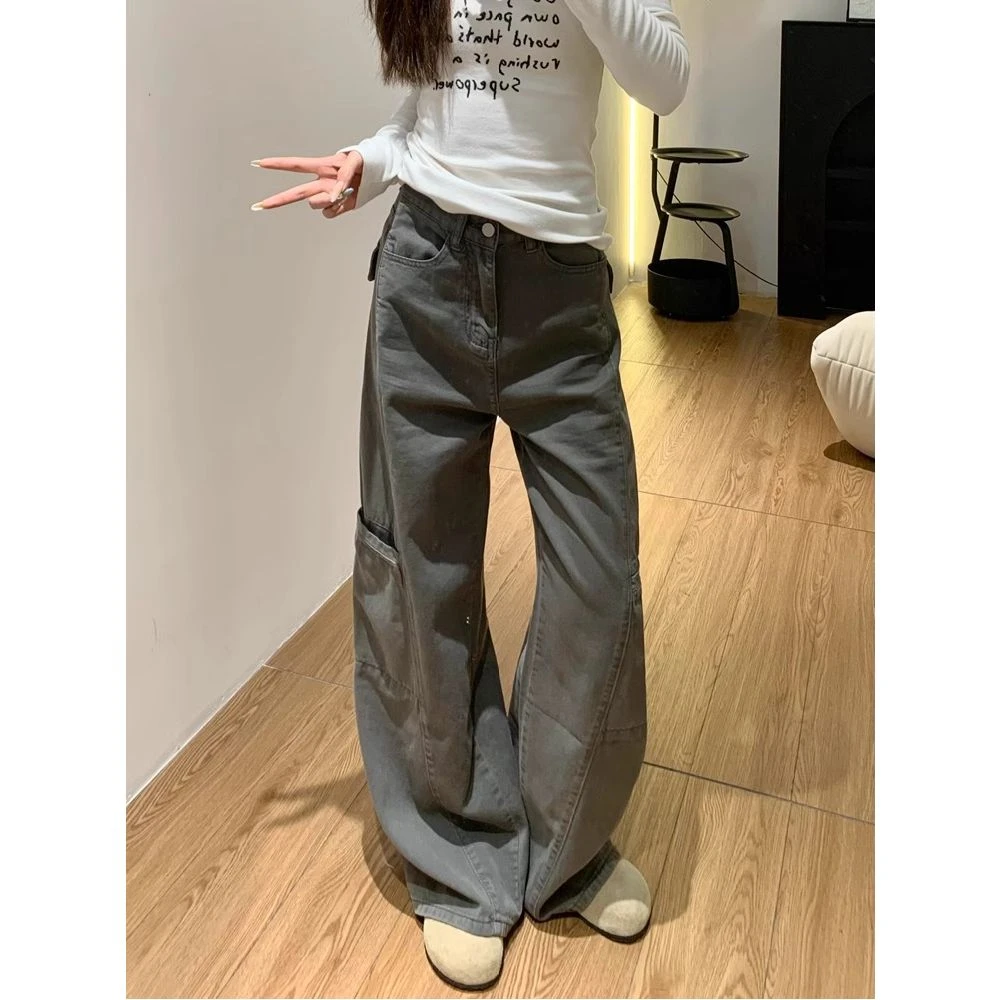 2025夏季美式复古高腰牛仔裤宽松显瘦直筒阔腿休闲长裤百搭裤子女