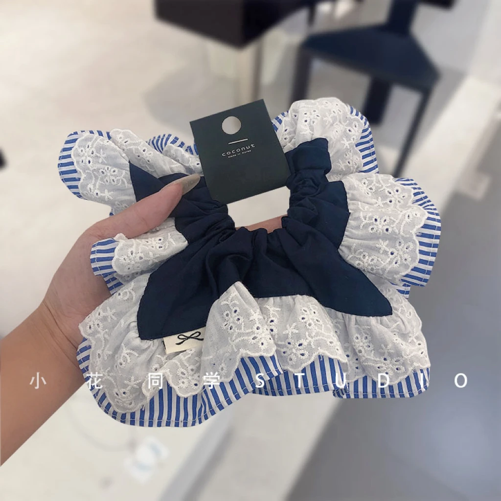 韩国饰品2025新款精致芭蕾风藏青色纯棉蕾丝花边条纹方巾大肠发圈