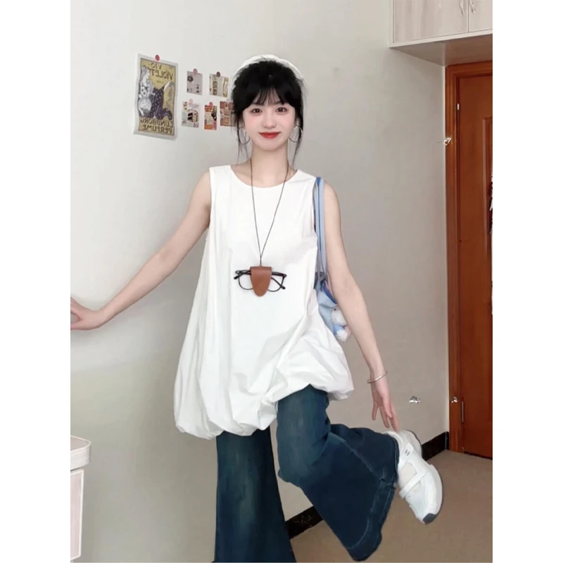 套装女士夏季新款法式花苞无袖背心上衣喇叭牛仔裤显瘦马蹄裤