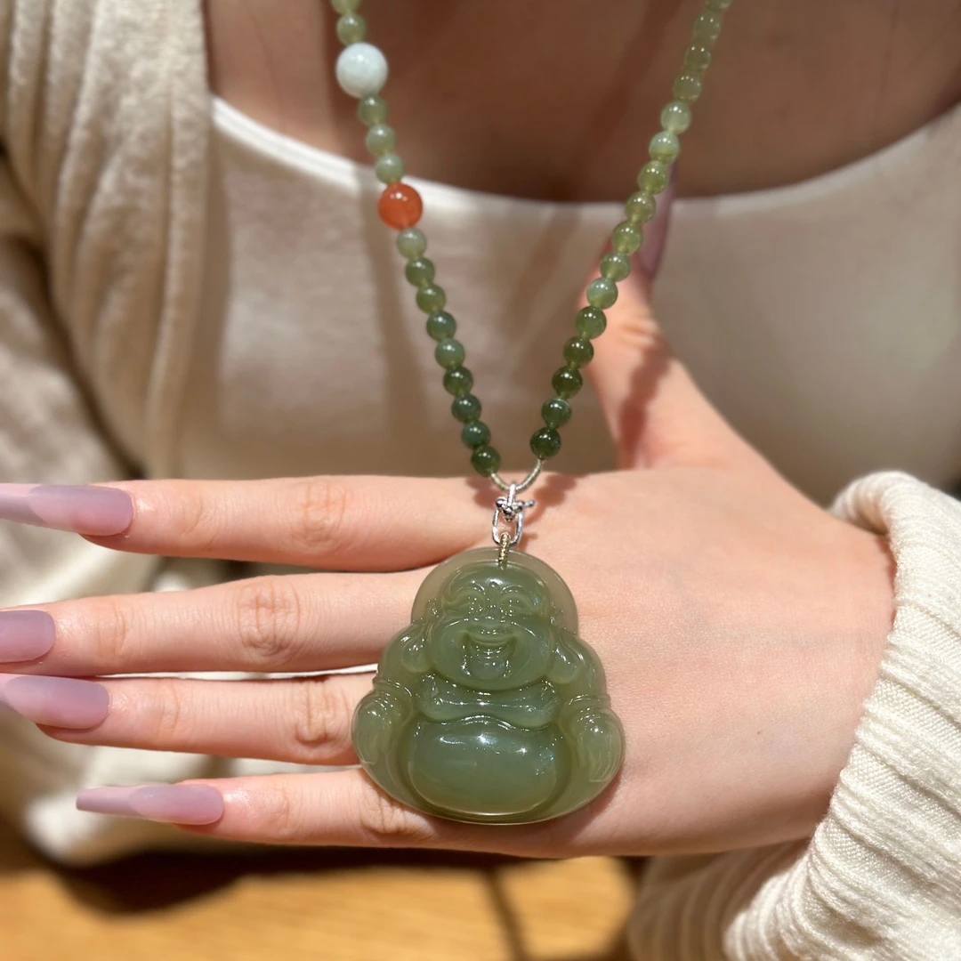 和田玉冰料 冰晴 佛公项链 珠子链 佛公45— 46mm天然多样性发其一