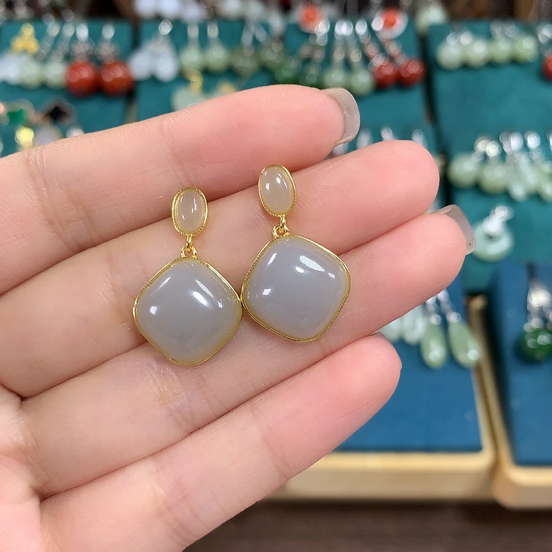 和田玉银S925镶嵌耳饰方糖烟紫色