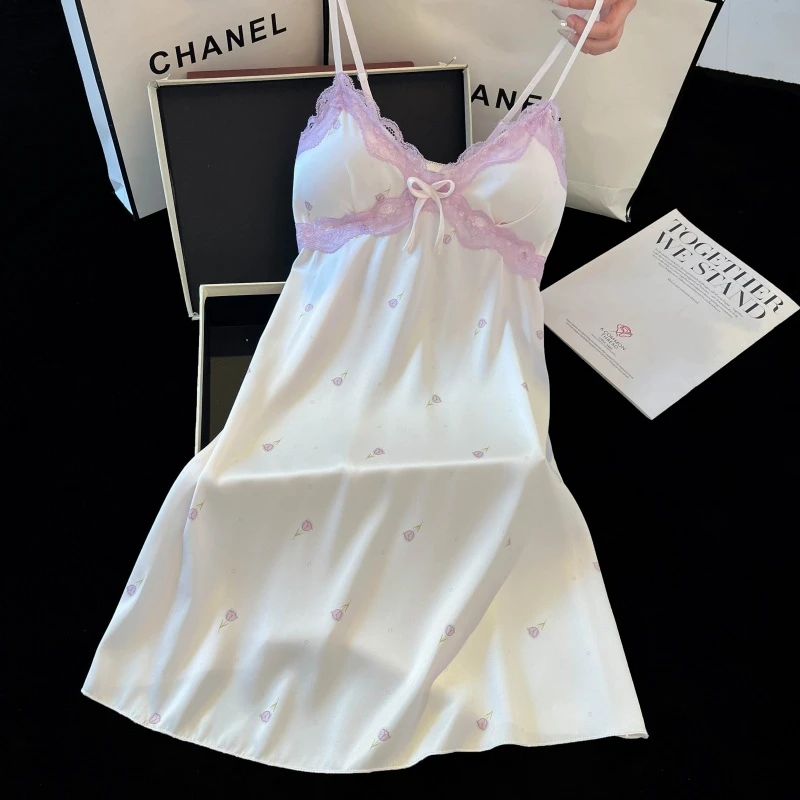 性感冰雪丝蝴蝶结睡衣吊带睡裙夏季蕾丝新款夏天薄款带胸垫家居服