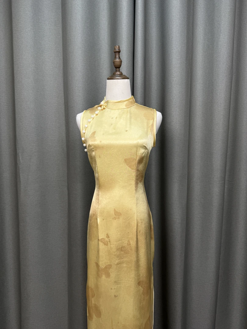 锦簇 |黄色无袖缎面旗袍夏季新款气质修身日常送考可穿裙长约120