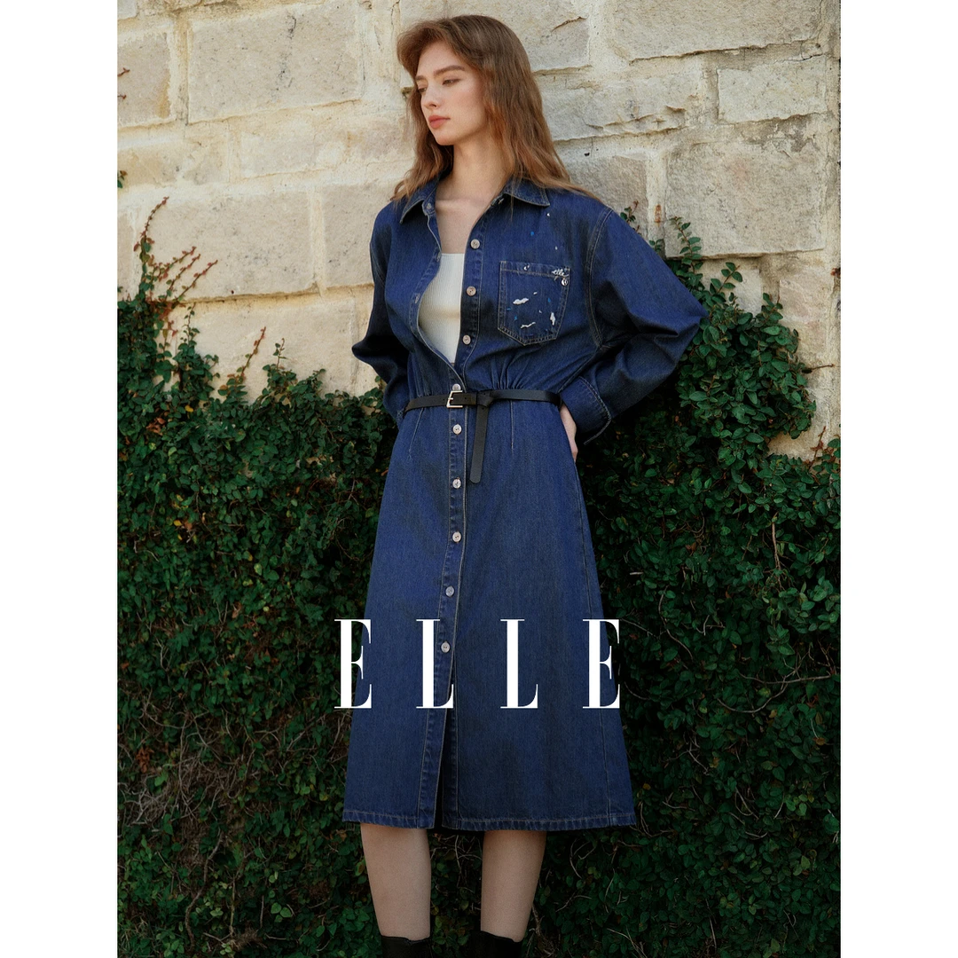 ELLE法式简约气质连衣裙2025春季新款巴恩风显瘦长袖复古EL50362