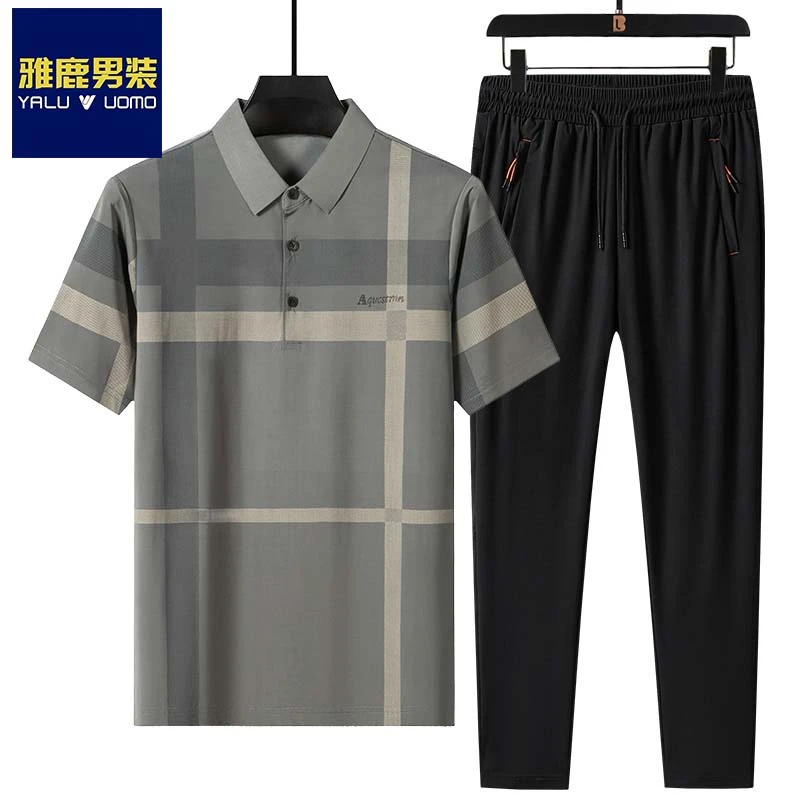 雅鹿男装夏季衣服休闲品质爸爸装POLO高档青年短袖T恤冰丝套装潮