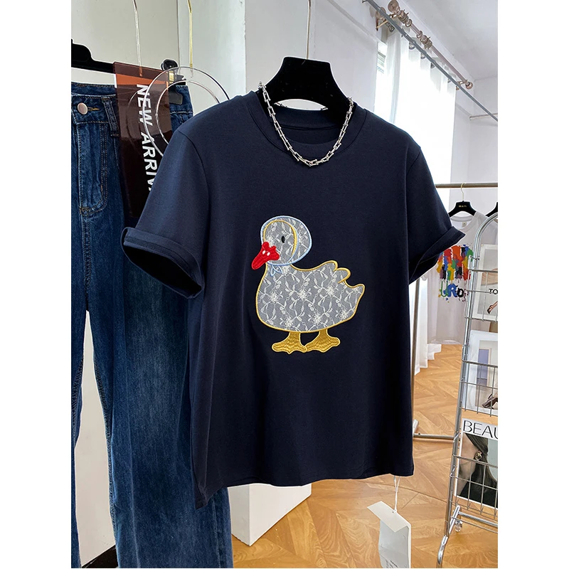 刺绣蕾丝鸭短袖t恤女夏季2025新款小个子宽松减龄休闲藏蓝色上衣