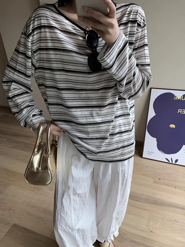 黑杏条纹薄款长袖防晒罩衫女秋季新款宽松慵懒风镂空绑带t恤上衣