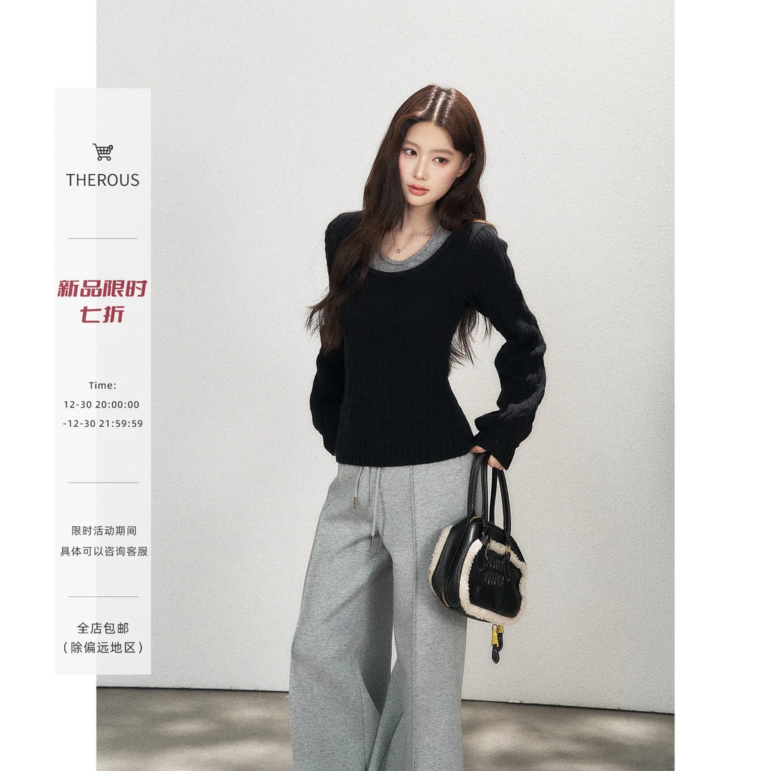 谢不肉 冬季撞色拼接假两件圆领针织衫女休闲显瘦百搭上衣52058