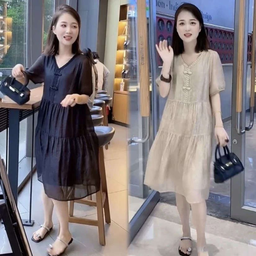 2025夏季新款女时尚洋气减龄宽松显瘦新中式轻奢高级感气质连衣裙